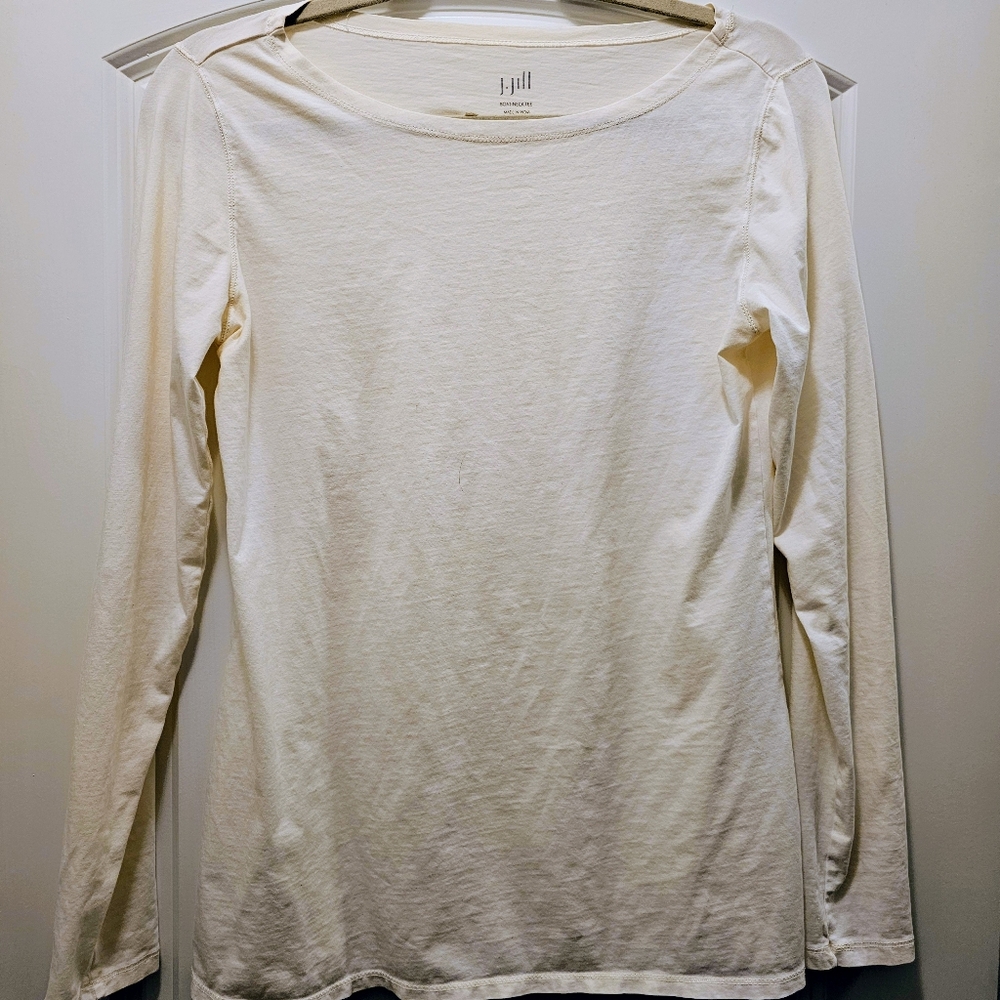 J.Jill Boat Neck Tee Size Small Cream Cotton Stretch Long Sleeve Minimalist Top - Picture 2 of 6